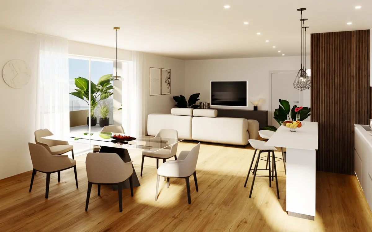 Palazzo San Valentino, soggiorno open space luminoso con zona pranzo, cucina e parquet in rovere