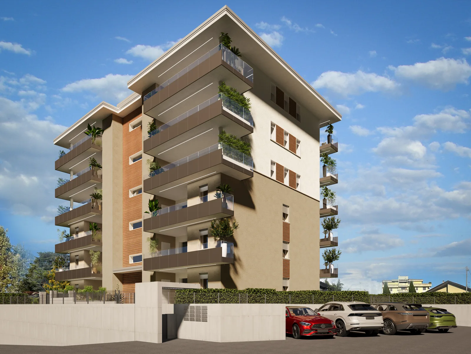 Palazzo San Valentino, veduta d'angolo sud-ovest dell'edificio residenziale con balconi fioriti