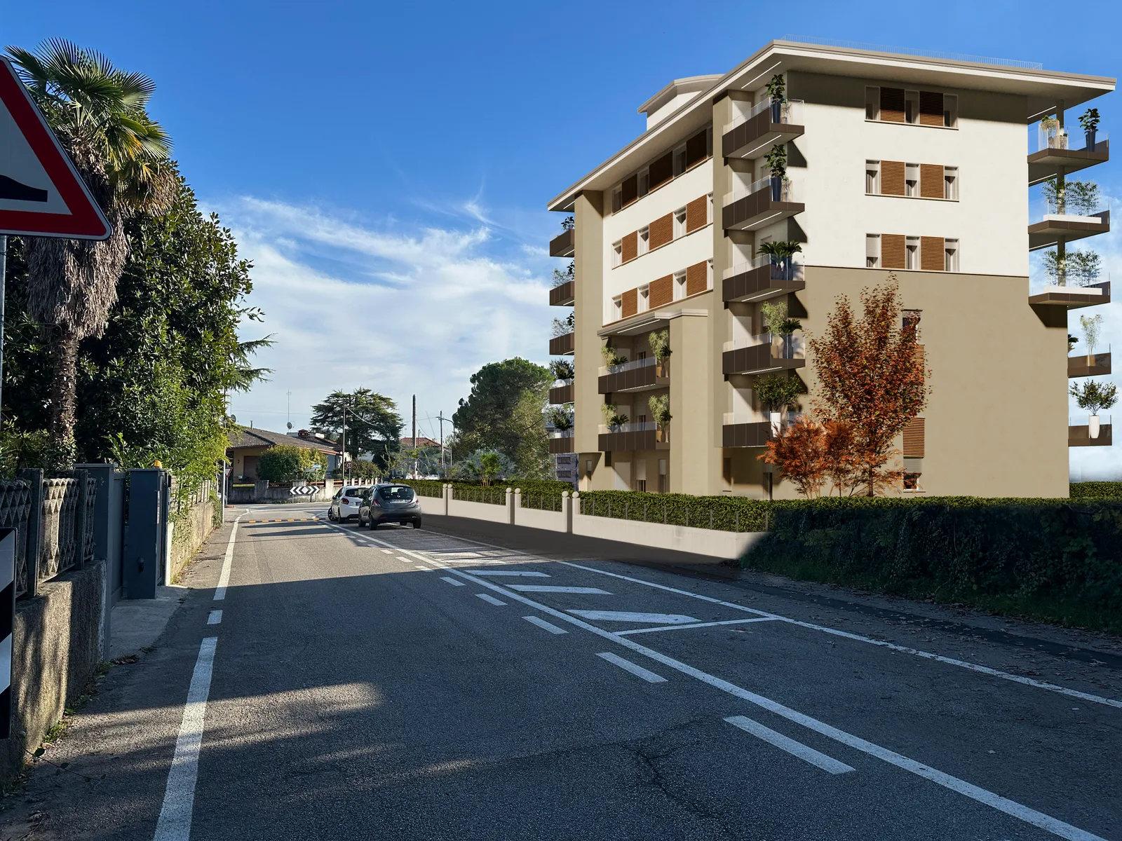 Palazzo San Valentino, veduta dell'edificio da via Fonda con strada e marciapiede